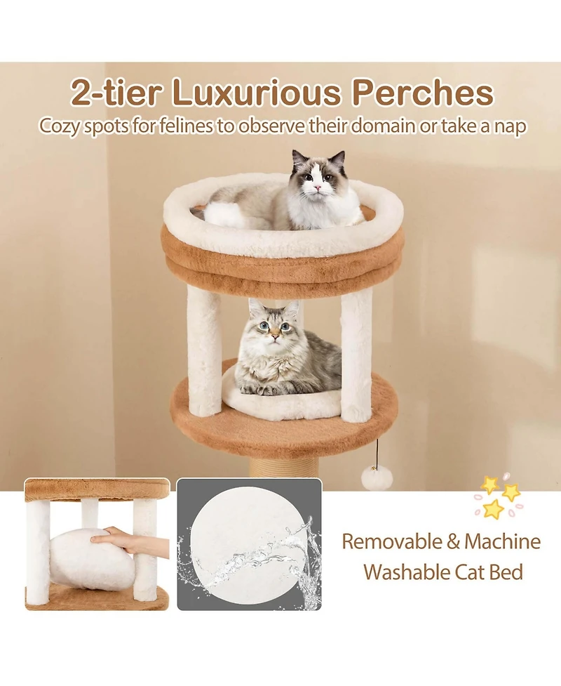 65" Tall Cat Tree for Indoor with Self-groomer Padded Perch Removable Cat Bed