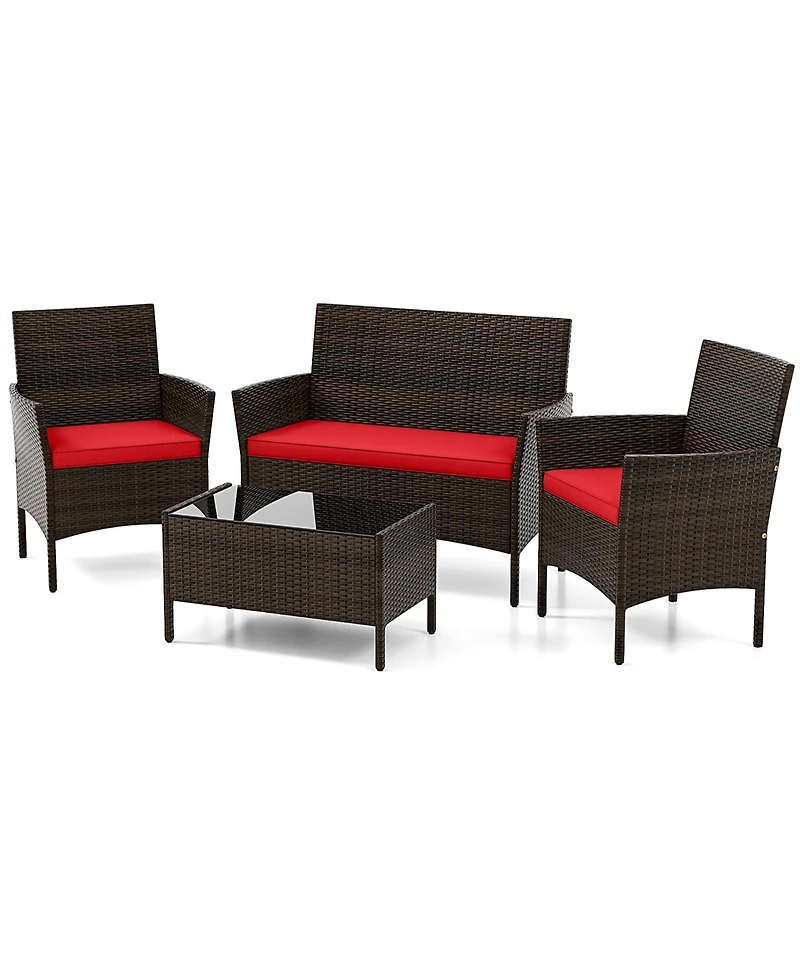 Gymax 4 Pcs Patio Furniture Set w/Washable Cushions & Tempered Glass Coffee Table