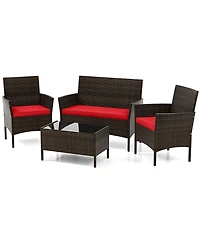 Gymax 4 Pcs Patio Furniture Set w/Washable Cushions & Tempered Glass Coffee Table