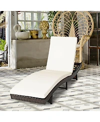 2PCS Patio Rattan Folding Lounge Chair Chaise Adjustable White Cushion