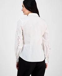 T Tahari Women's Button-Front Embroidered-Sleeve Shirt