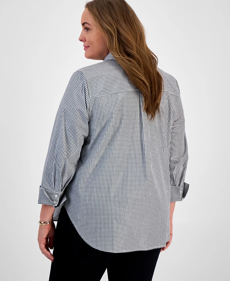 Kasper Plus Size Gingham Button-Up 3/4-Sleeve Shirt
