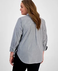Kasper Plus Size Gingham Button-Up 3/4-Sleeve Shirt