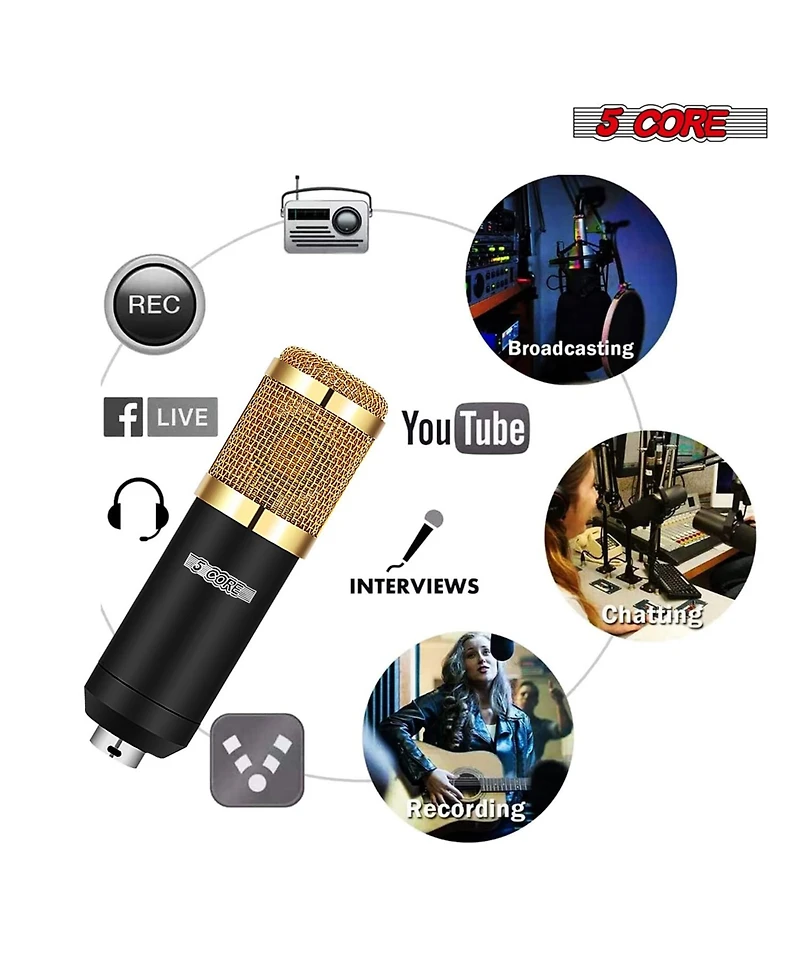 5 Core Recording Microphone Podcast Bundle • Professional Condenser Cardioid Mic Kit • w Boom Arm Rm 8 Bg