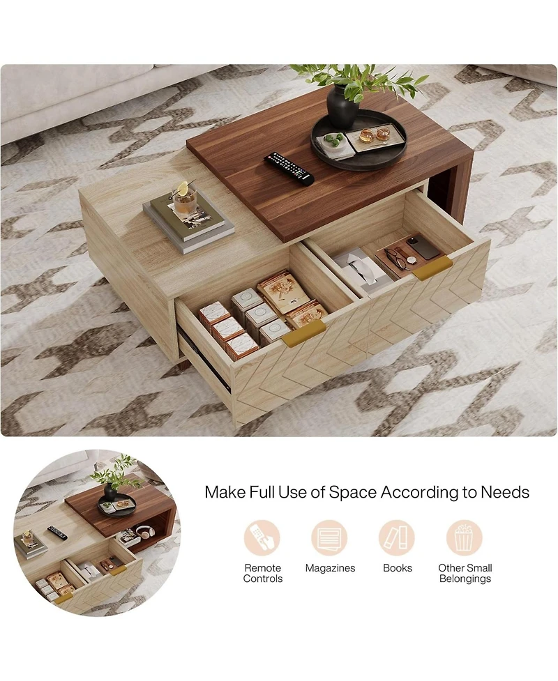 Tribesigns Extendable Coffee Table with 2 Storage Drawers, Dual-Tone Center Table with Sliding Tabletop