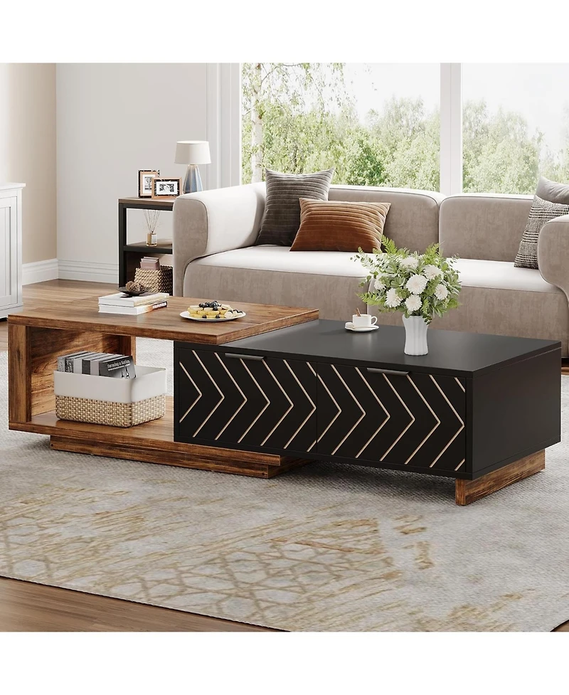 Tribesigns Extendable Coffee Table with 2 Storage Drawers, Dual-Tone Center Sliding Tabletop