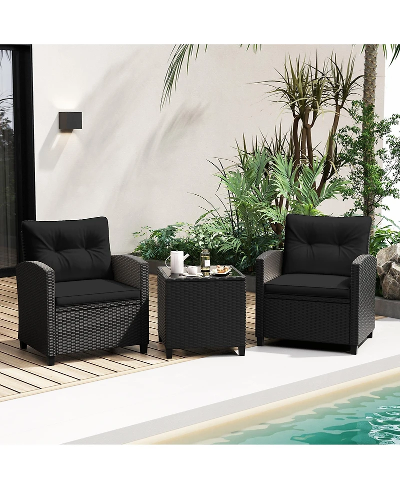 3 Pieces Patio Furniture Set with Tempered Glass Coffee Table