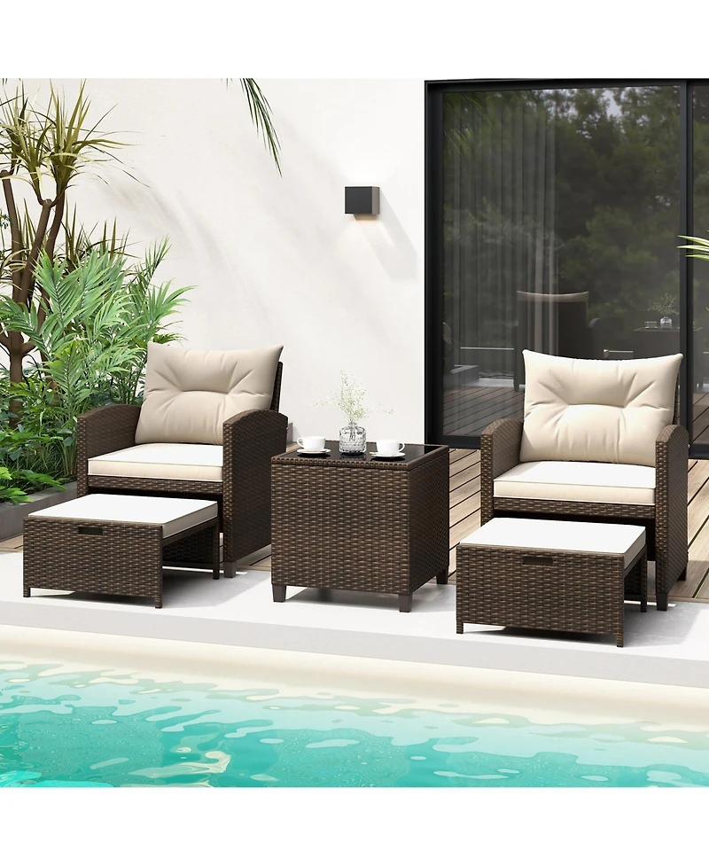 5 Pieces Patio Rattan Furniture with 2 Ottomans and Tempered Glass Coffee Table