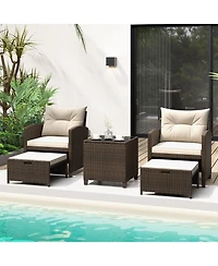 5 Pieces Patio Rattan Furniture with 2 Ottomans and Tempered Glass Coffee Table