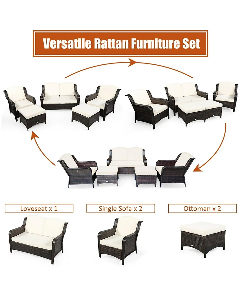 5 Pieces Patio Rattan Sofa Set with Cushion and Ottoman