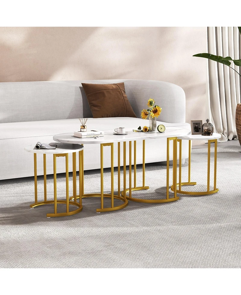 Nesting Coffee Table Set of 3 with Faux Marble Tabletop and Powder-coated Metal Frame