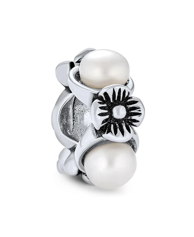 Bling Jewelry White Simulated Pearl Flower Charm Bead Sterling Silver European Bracelet