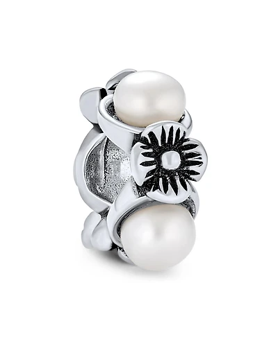 Bling Jewelry White Simulated Pearl Flower Charm Bead Sterling Silver European Bracelet