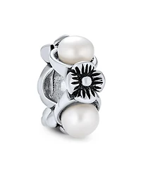 Bling Jewelry White Simulated Pearl Flower Charm Bead Sterling Silver European Bracelet