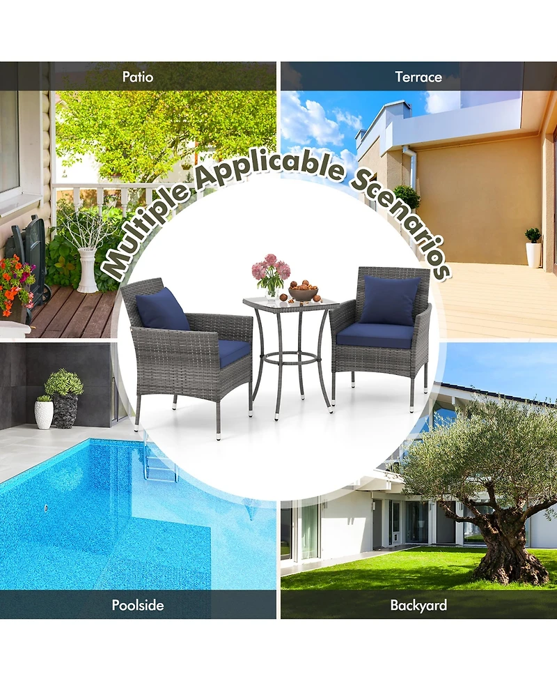 Gymax 3-Piece Patio Furniture Set Pe Wicker Conversation Bistro Set w/ A Tempered Glass Table