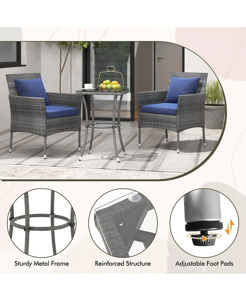 Gymax 3-Piece Patio Furniture Set Pe Wicker Conversation Bistro Set w/ A Tempered Glass Table