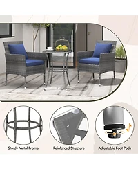Gymax 3-Piece Patio Furniture Set Pe Wicker Conversation Bistro Set w/ A Tempered Glass Table