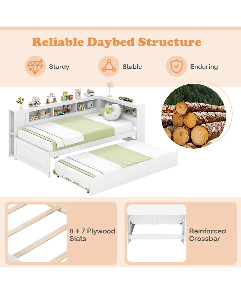 Daybed Platform Bed Frame with Trundle and Bedside Shelves