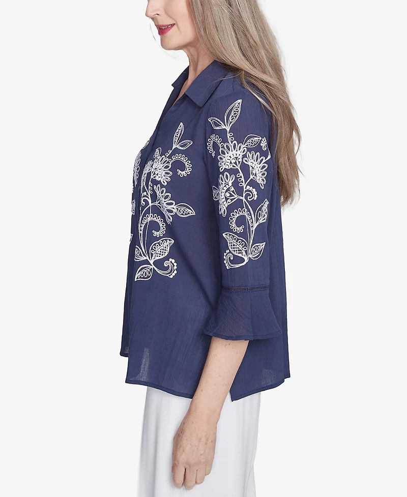 Alfred Dunner Women's Nantucket Embroidered Marine Button Front Top