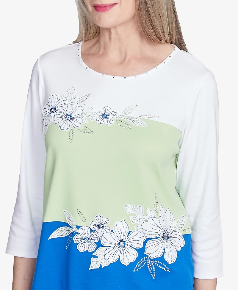 Alfred Dunner Women's Parrot Cay Tropical Colorblock Floral Top