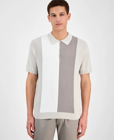 Alfani Men's Short Sleeve Quarter-Zip Colorblocked Textured Polo Sweater, Exclusively at Macy's