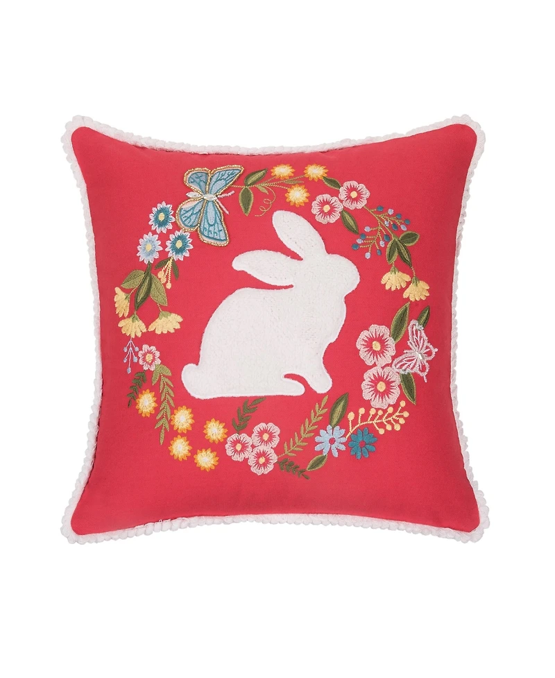 16" x 16" Spring Easter Bunny Silhouette & Wreath Embroidered Applique Accent Throw Pillow