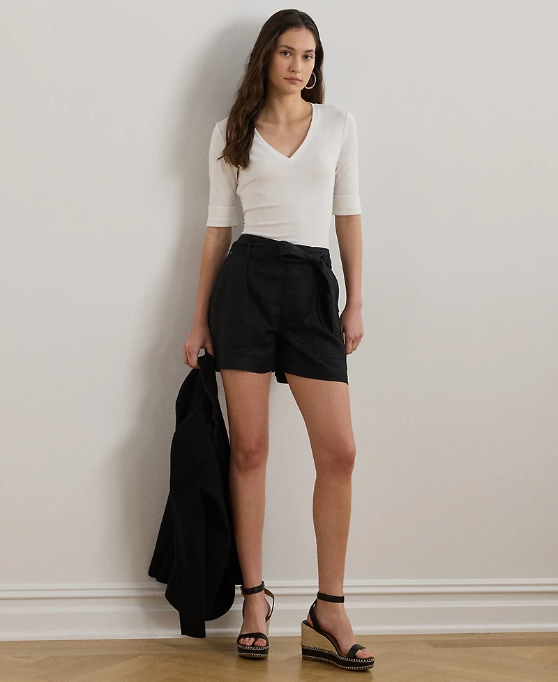 Lauren Ralph Petite Stretch Cotton Elbow-Sleeve V-Neck Tee