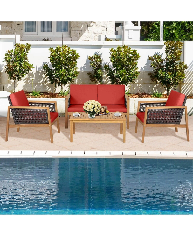 4 Pieces Patio Rattan Furniture Set with Removable Cushions