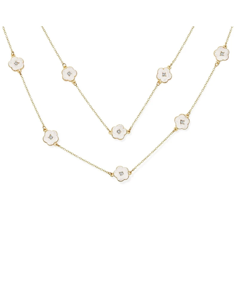 Bling Jewelry Fashion Enamel Flower Strand Necklace Gold Plated 36 Inch Crystal Accents