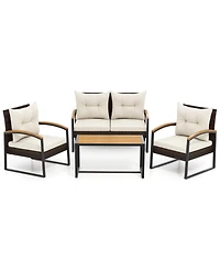 4 Pieces Patio Conversation Set with Acacia Wood Armrests and Tabletop and Cushions