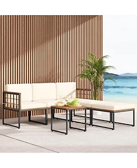 6 Pieces Acacia Wood Patio Furniture Set with Coffee Table and Ottomans