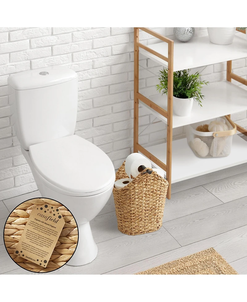 Casafield Toilet Paper Roll Holder Storage Basket with Wood Bar - Natural, Woven Water Hyacinth Wicker Bathroom Tissue Storage Organizer