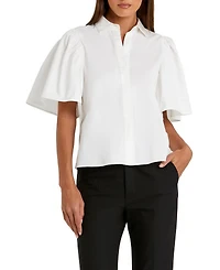 Mac Duggal Women's Stretch Cotton Flare Ruffle Sleeve Button Up Top