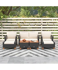 Gymax 7 Pcs Patio Furniture Set w/ Loveseat Armchairs Ottomans & Storage Table