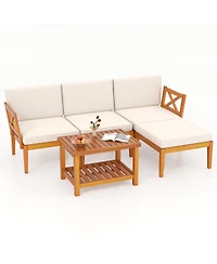 Gymax 5 Pcs Acacia Wood Patio Furniture Set w/ 2-Tier Coffee Table and Cushions