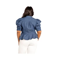 Buxom Couture Women's Plus Ruched Sleeve Denim Peplum Blouse