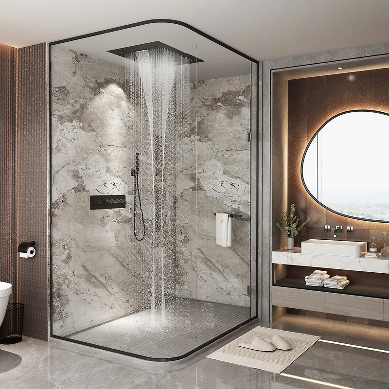23 Inch Thermostatic Rainfall Shower System with Handheld Sprayer Rainfall Ceiling Shower Head with Led Lights Matte Black Wall Mounted Shower System