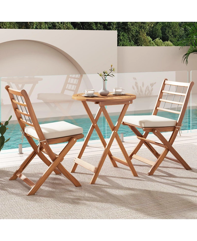 3 Pieces Acacia Wood Patio Bistro Set with Cushions