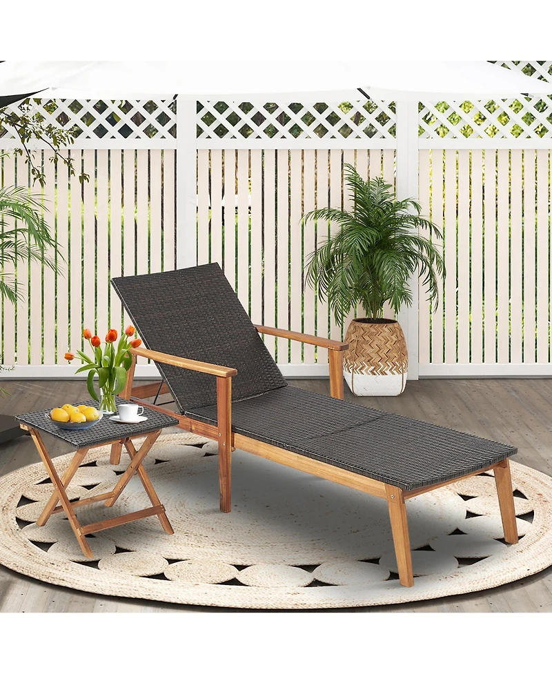 2PCS Patio Rattan Chaise Lounge Chair Recliner Back Adjustable Acacia Wood