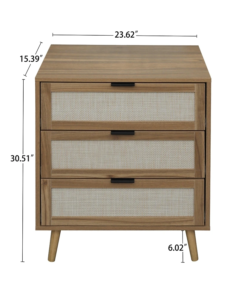3 Drawer Storage Cabinet Rattan Dressers Chest of Drawers Entryway Cabinet Fluted Nightstand Bedside Table Dresser for Bedroom Living Room, Brown