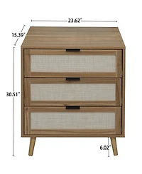 3 Drawer Storage Cabinet Rattan Dressers Chest of Drawers Entryway Cabinet Fluted Nightstand Bedside Table Dresser for Bedroom Living Room, Brown