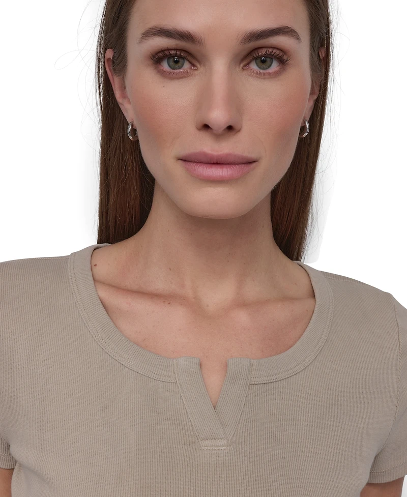 Dkny Sport Women's Ribbed Notched-Neck Cropped T-Shirt