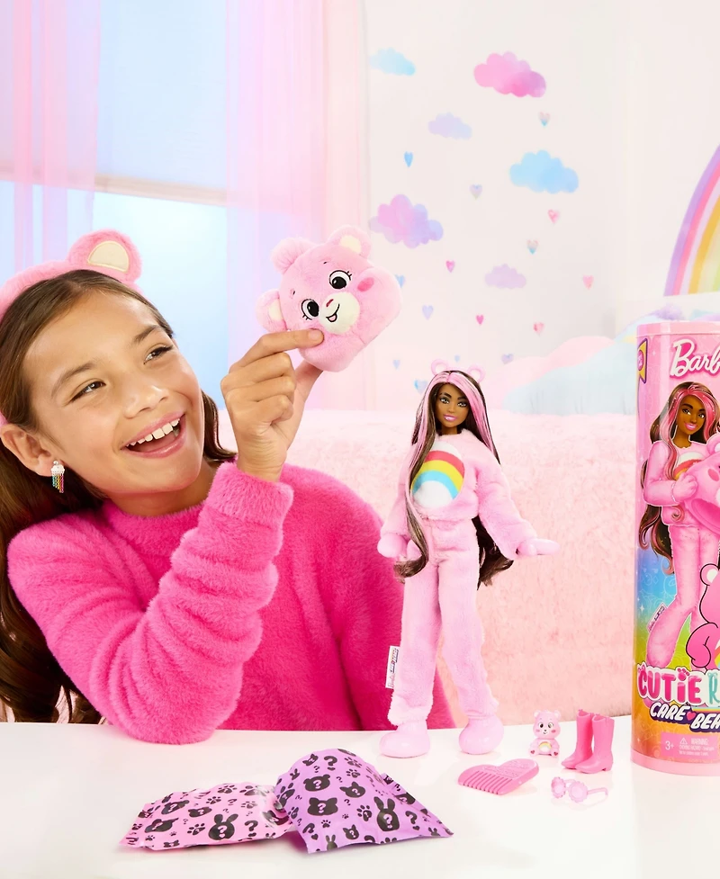 Barbie Cutie Reveal Care Bears Series Doll & Accessories in Cheer Bear Plush Costume, 10 Surprises