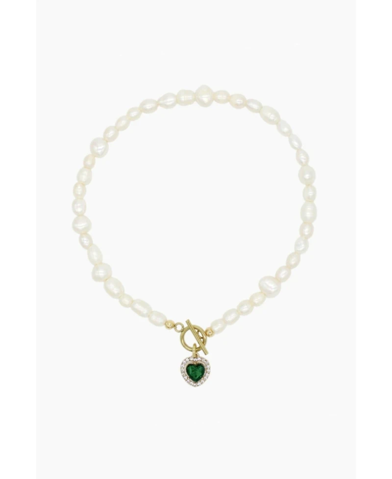 Freshwater Pearl Necklace With Emerald Heart Charm 15.0″