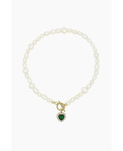 Freshwater Pearl Necklace With Emerald Heart Charm 15.0″
