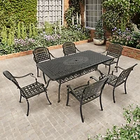 7pcs Outdoor Furniture Set Cast Aluminium Patio Dining Set 6 Outdoor Dining Chairs and 71 Inches Rectangular Dining Table for Balcony Porch Backyard G