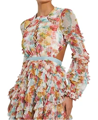 Mac Duggal Women's Long Sleeve Tiered Ruffle Cutout Criss Cross Dress