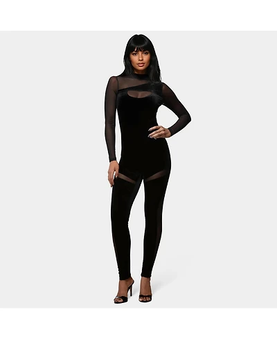 Bebe Women's Bebe X Ciara Combo Velour And Mesh Catsuit