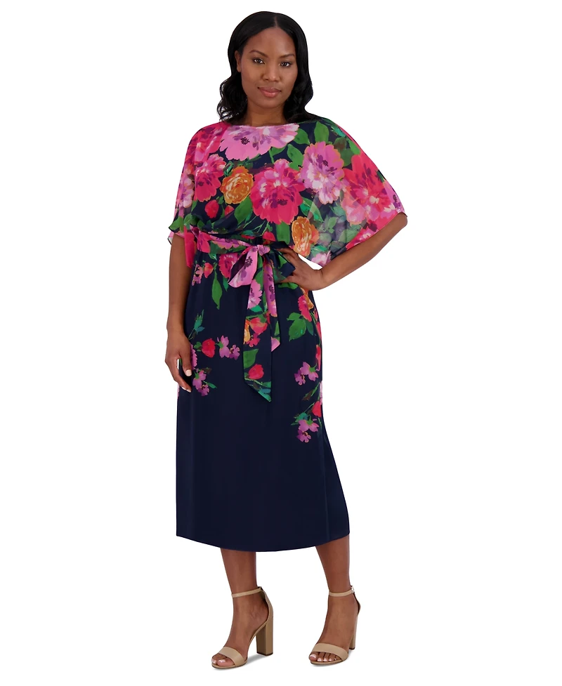 Jessica Howard Women's Floral-Print Belted Chiffon Dress