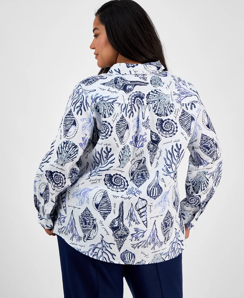 Charter Club Plus Size Toile Affar Button-Front Linen Shirt, Exclusively at Macy's